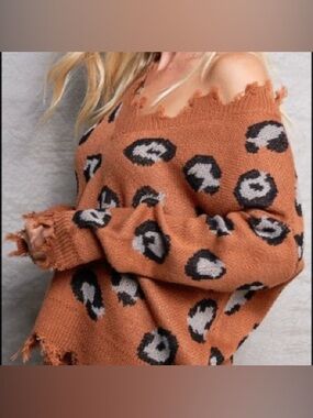 NWT Boho Grunge Distressed Leopard Sweater - Rust Pink S/M